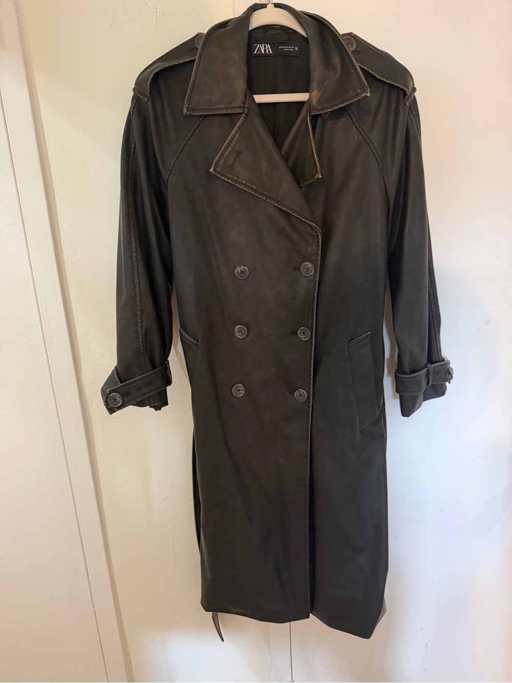 Zara Black Double-Breasted Leather Trench